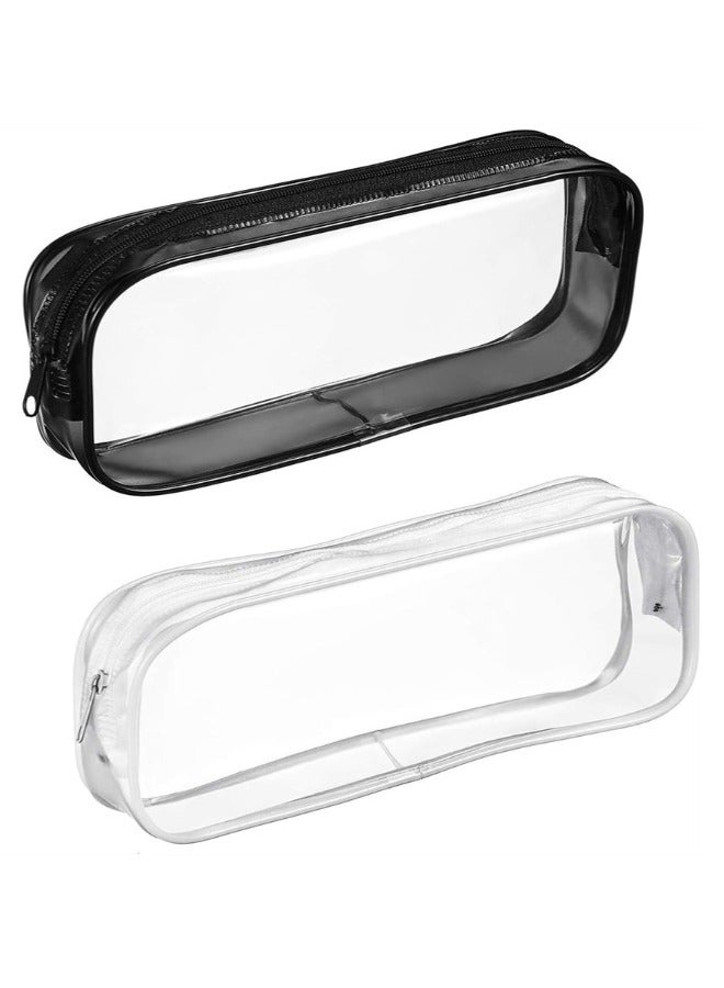 Clear PVC Zipper Pencil Bag, 2pcs Portable Pencil Bag WaterproofMakeup Pouch for Office Stationery and Travel Storage, Black White - Image 1